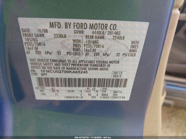 2009 FORD ESCAPE 1FMCU02709KA65245 Photo 8