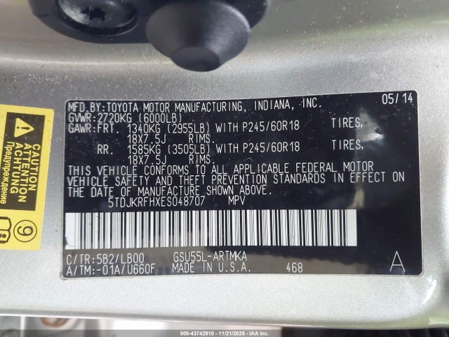 Toyota Highlander Xle V6 2014 5TDJKRFHXES048707 Image 9