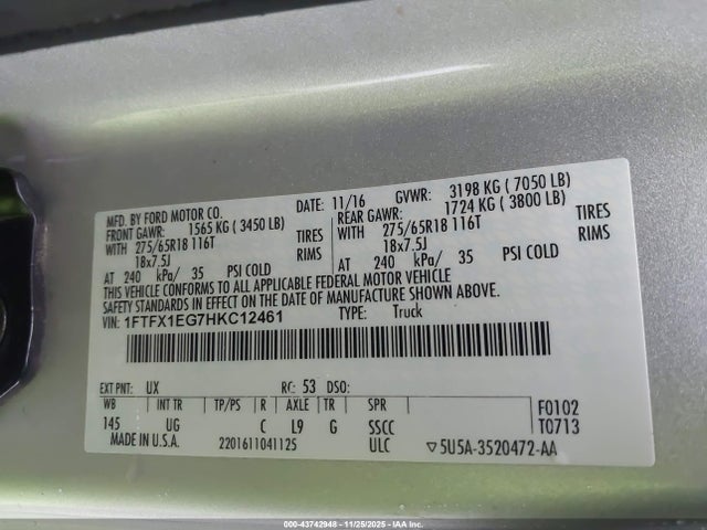 43742948 :رقم المزاد ، 1FTFX1EG7HKC12461 vin ، 2017 Ford F-150 Xlt مزاد بيع
