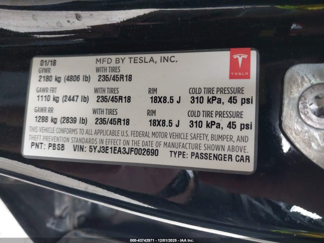 Aukcja sprzedaży 2018 Tesla Model 3 Long Range/mid Range, vin: 5YJ3E1EA3JF002690, numer aukcji: 43742971
