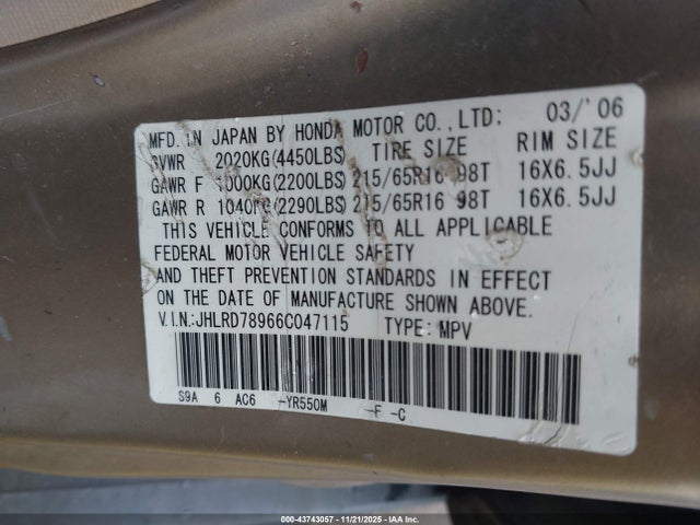 Aukcja sprzedaży 2006 Honda Cr-v Se, vin: JHLRD78966C047115, numer aukcji: 43743057