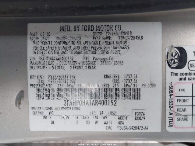 2010 FORD FUSION 3FAHP0HA1AR400152 Photo 8