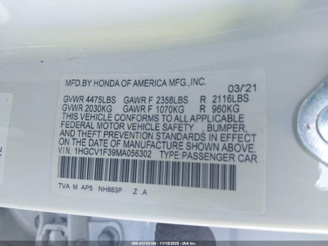 2021 HONDA ACCORD 1HGCV1F39MA056302 Photo 8