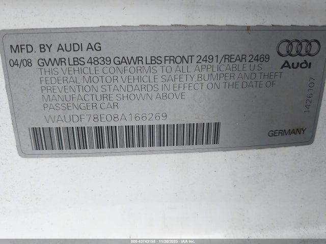 2008 AUDI A4 WAUDF78E08A166269 Photo 8