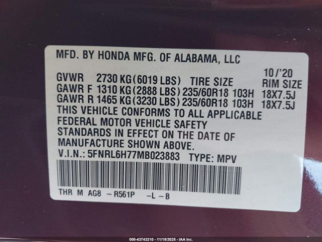 2021 HONDA ODYSSEY 5FNRL6H77MB023883 Photo 8