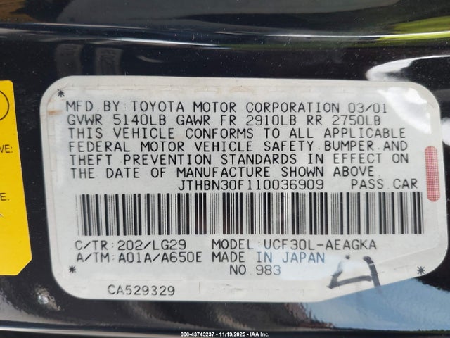 Продажа на аукционе авто 2001 Lexus Ls 430, vin: JTHBN30F110036909, номер лота: 43743237