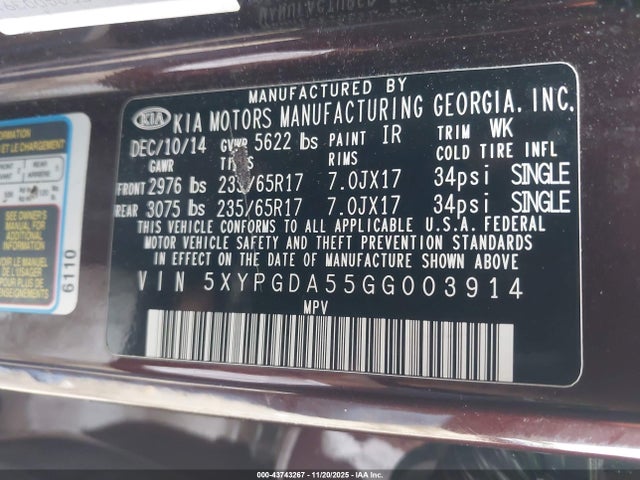 5XYPGDA55GG003914 KIA Sorento 3.3l Lx