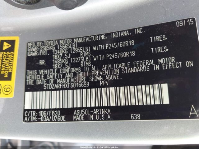 2015 TOYOTA HIGHLANDER 5TDZARFHXFS016699 Photo 8