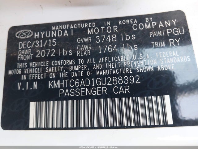 Aukcja sprzedaży 2016 Hyundai Veloster, vin: KMHTC6AD1GU288392, numer aukcji: 43743437