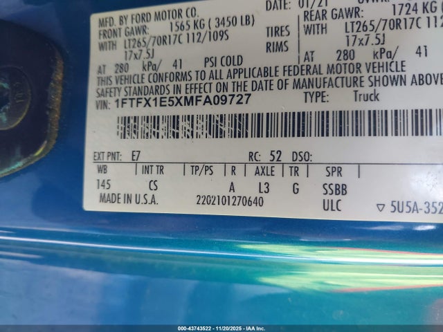 Продаж на аукціоні авто 2021 Ford F-150 Xl, vin: 1FTFX1E5XMFA09727, номер лоту: 43743522