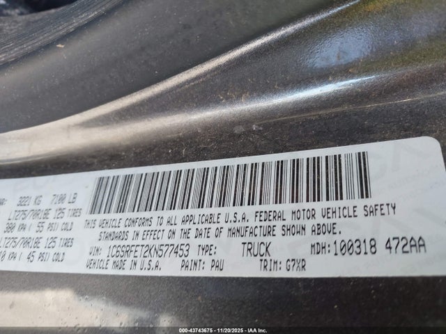 Продажа на аукционе авто 2019 Ram 1500 Rebel  4x4 6'4 Box, vin: 1C6SRFET2KN577453, номер лота: 43743675