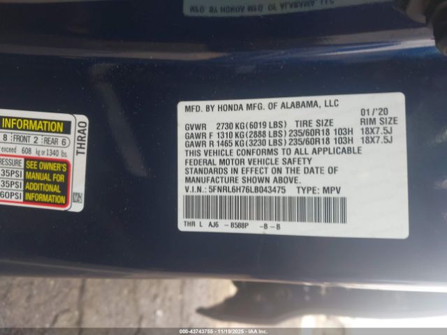 2020 HONDA ODYSSEY 5FNRL6H76LB043475 Photo 8