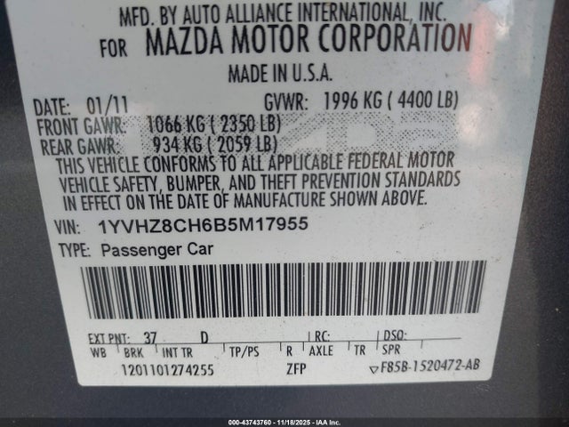 43743760 :رقم المزاد ، 1YVHZ8CH6B5M17955 vin ، 2011 Mazda Mazda6 I Touring مزاد بيع