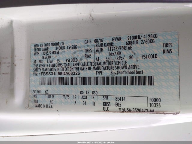2008 Ford E-350 Super Duty მანქანა იყიდება აუქციონზე, vin: 1FBSS31L58DA08326, აუქციონის ნომერი: 43743927