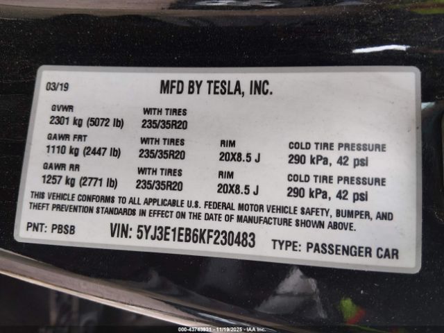 2019 TESLA MODEL 3 5YJ3E1EB6KF230483 Photo 8