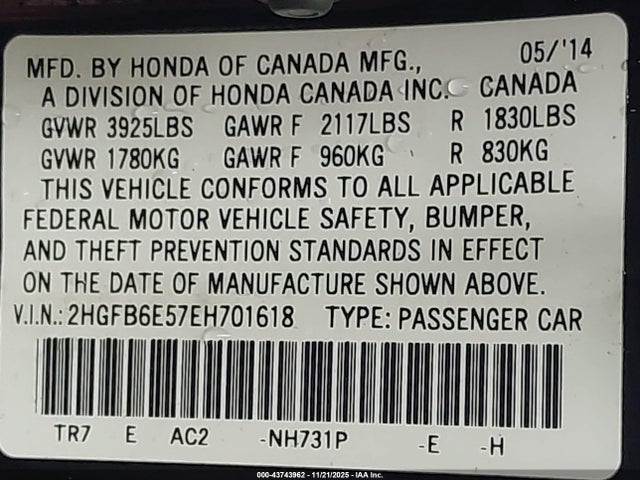 Honda k24z7 2014 2HGFB6E57EH701618 Image 9