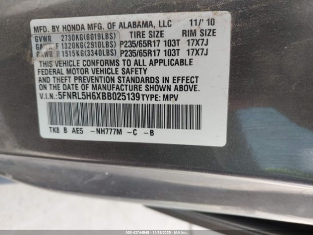 2011 HONDA ODYSSEY 5FNRL5H6XBB025139 Photo 8