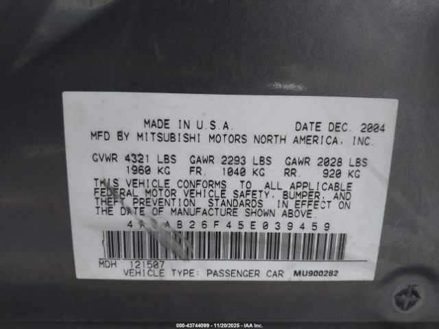 2005 MITSUBISHI GALANT 4A3AB26F45E039459 Photo 8