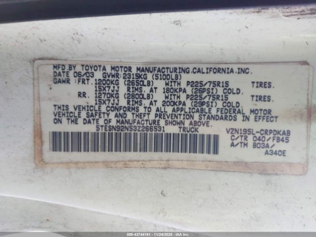 2003 TOYOTA TACOMA 5TESN92N53Z266531 Photo 8