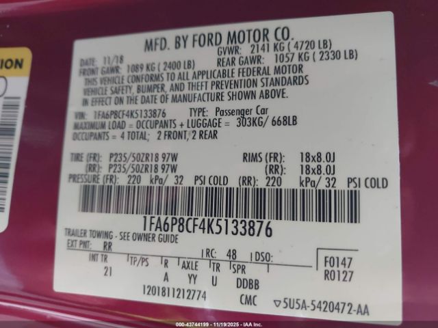 2019 FORD MUSTANG 1FA6P8CF4K5133876 Photo 8