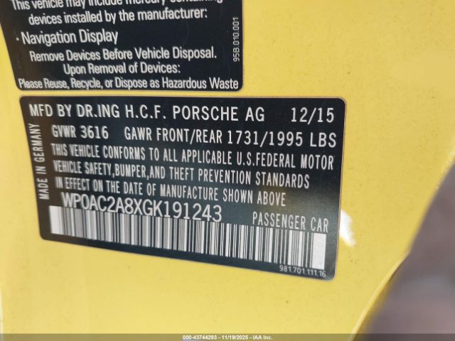 2016 PORSCHE CAYMAN WP0AC2A8XGK191243 Photo 8