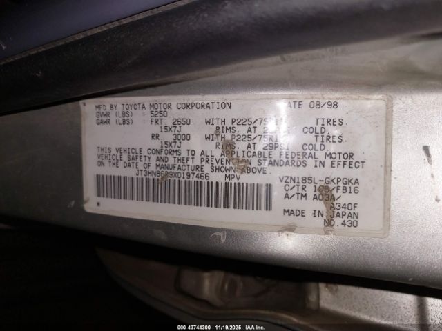 1999 TOYOTA 4RUNNER JT3HN86R9X0197466 Photo 8