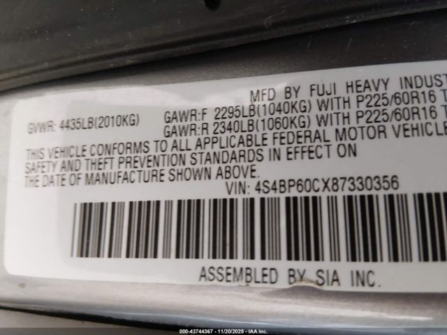 2008 SUBARU OUTBACK 4S4BP60CX87330356 Photo 8