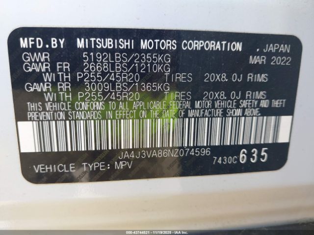 2022 MITSUBISHI OUTLANDER JA4J3VA86NZ074596 Photo 8