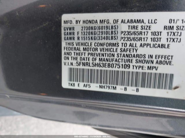 Honda Odyssey Ex-l 2014 5FNRL5H63EB075109 Image 9