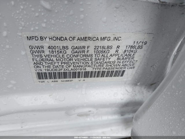 2020 Acura Ilx Standard მანქანა იყიდება აუქციონზე, vin: 19UDE2F3XLA001916, აუქციონის ნომერი: 43744691