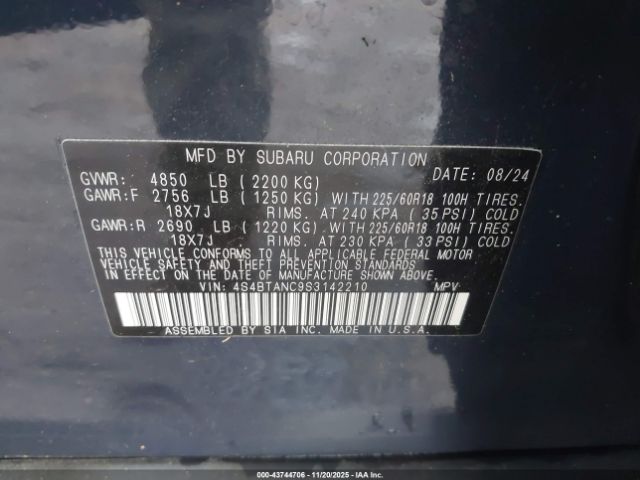 2025 SUBARU OUTBACK 4S4BTANC9S3142210 Photo 8