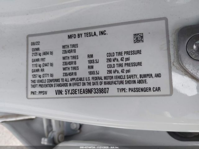 2022 TESLA MODEL 3 5YJ3E1EA9NF339807 Photo 8