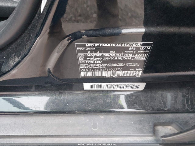 Aukcja sprzedaży 2015 Mercedes-benz Gla 250 4matic, vin: WDCTG4GB4FJ100770, numer aukcji: 43744746