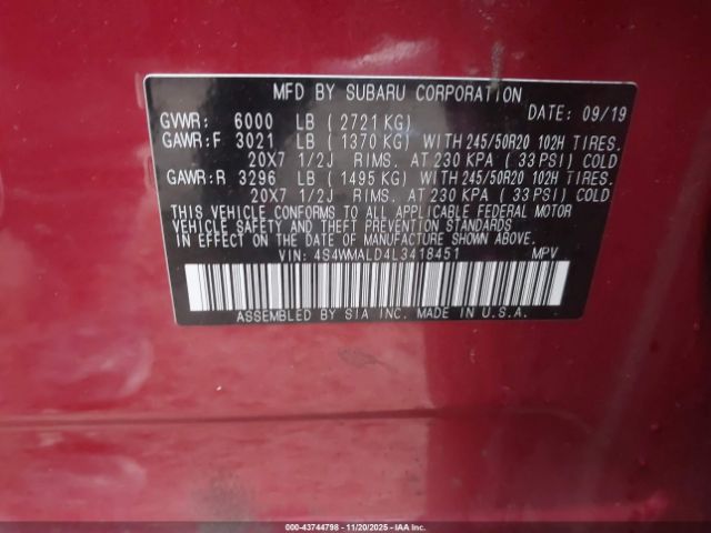 2020 SUBARU ASCENT 4S4WMALD4L3418451 Photo 8