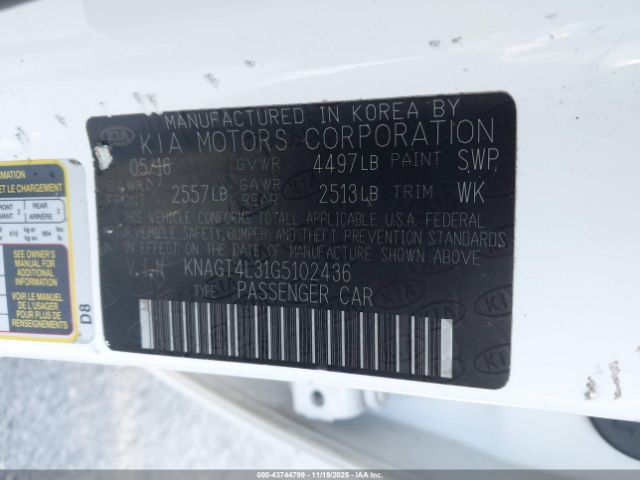 2016 KIA OPTIMA KNAGT4L31G5102436 Photo 8