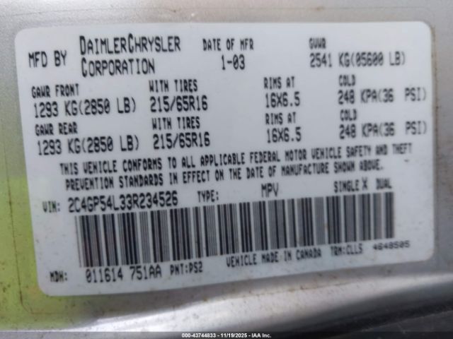 2003 CHRYSLER TOWN & COUNTRY 2C4GP54L33R234526 Photo 8