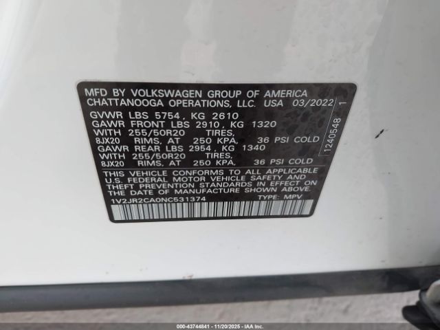 2022 VOLKSWAGEN ATLAS 1V2JR2CA0NC531374 Photo 8