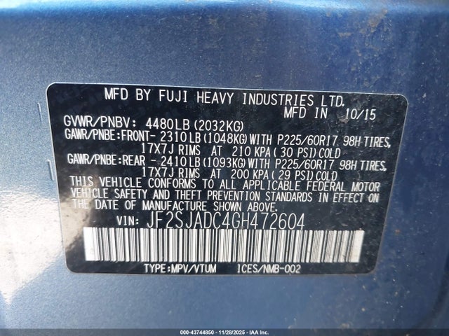 Aukcja sprzedaży 2016 Subaru Forester 2.5i Premium, vin: JF2SJADC4GH472604, numer aukcji: 43744850