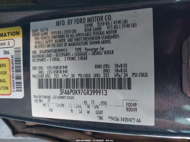 Ford Fusion Titanium 2016 3FA6P0K97GR399913 Image 9