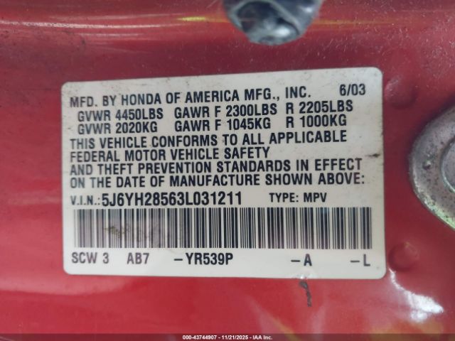 2003 HONDA ELEMENT 5J6YH28563L031211 Photo 8