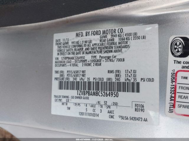 2012 FORD MUSTANG 1ZVBP8AM8C5264950 Photo 8