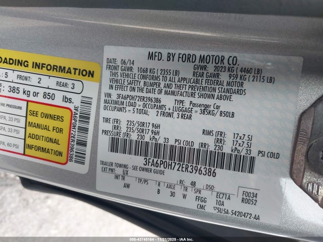 Ford FUSION SE 2014 3FA6P0H72ER396386 Image 9