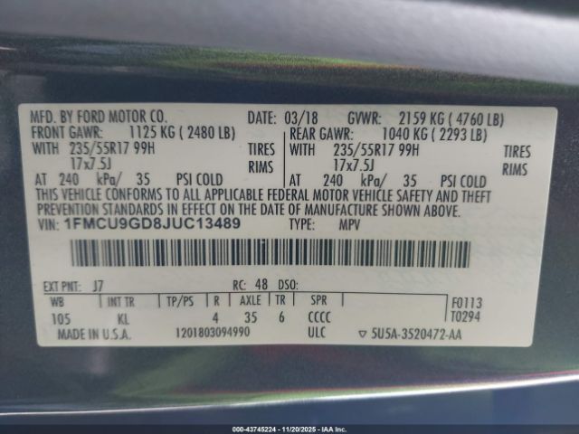 2018 FORD ESCAPE 1FMCU9GD8JUC13489 Photo 8