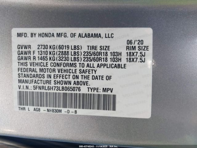 2020 HONDA ODYSSEY 5FNRL6H73LB065076 Photo 8