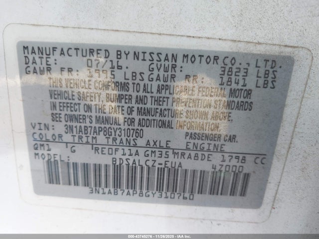43745276 :رقم المزاد ، 3N1AB7AP8GY310760 vin ، 2016 Nissan Sentra Fe+ S مزاد بيع