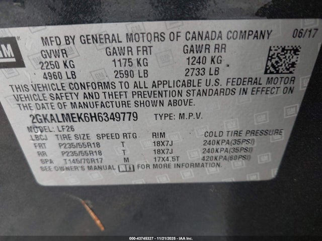 Aukcja sprzedaży 2017 Gmc Terrain Sle-1, vin: 2GKALMEK6H6349779, numer aukcji: 43745327