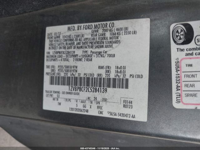 2012 FORD MUSTANG 1ZVBP8CF2C5284139 Photo 8