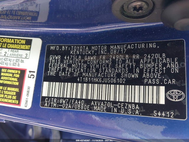 4T1B11HK6JU506102 Toyota Camry L/le/xle/se/xse