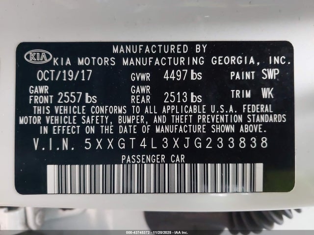 Продаж на аукціоні авто 2018 Kia Optima S, vin: 5XXGT4L3XJG233838, номер лоту: 43745372