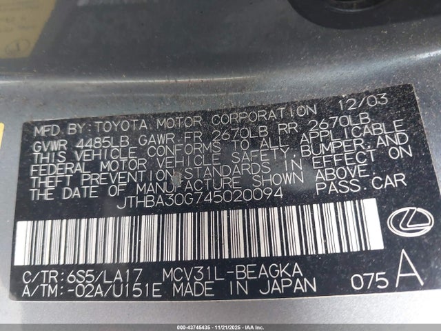 2004 Lexus Es 330 მანქანა იყიდება აუქციონზე, vin: JTHBA30G745020094, აუქციონის ნომერი: 43745435